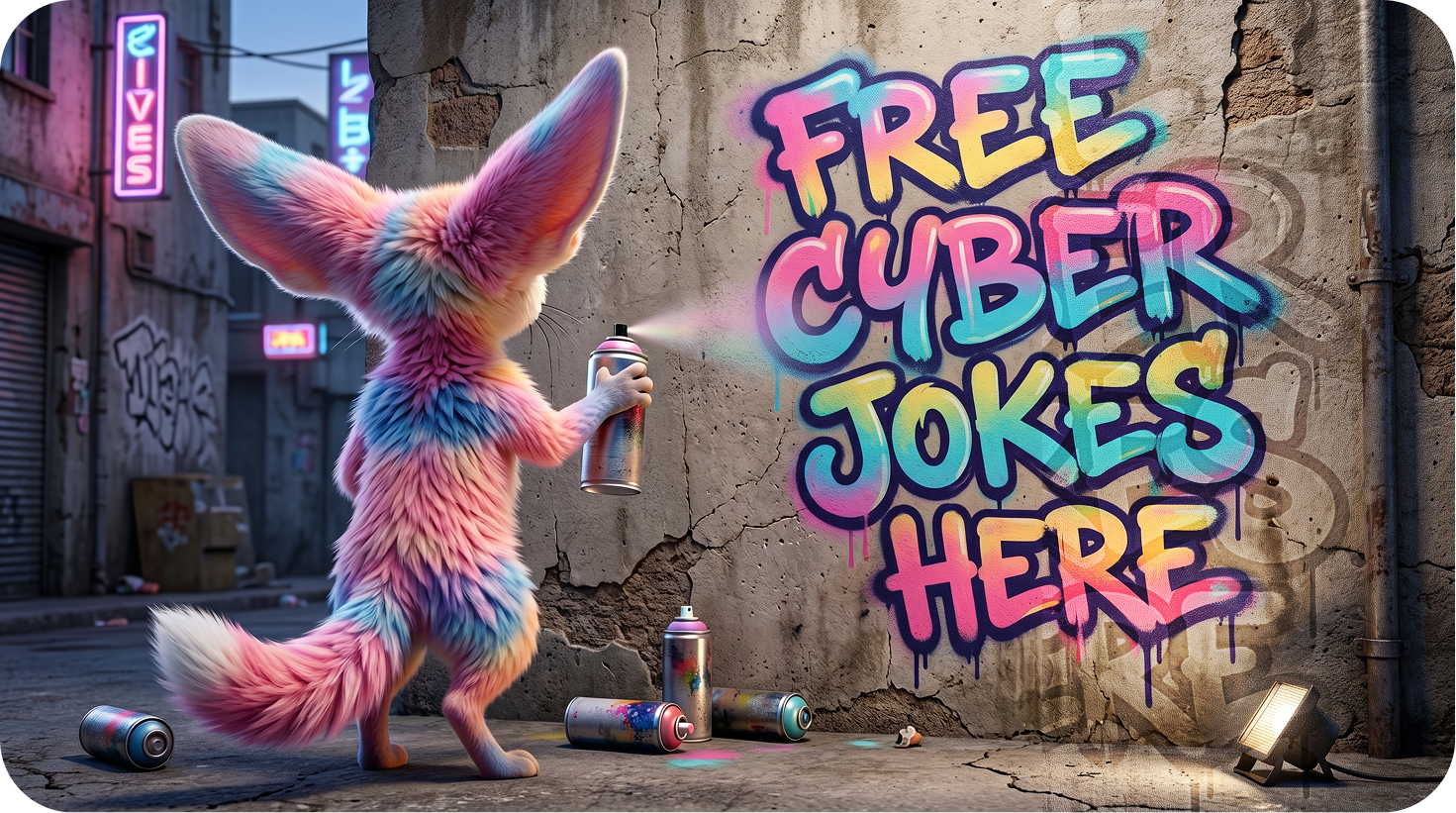 Fennec fox spray-painting FREE CYBER JOKES HERE on an alley wall