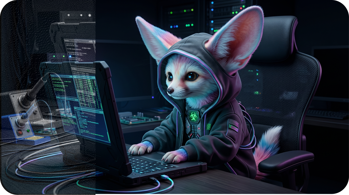 Fennec fox in a hoodie hacking at a glowing terminal