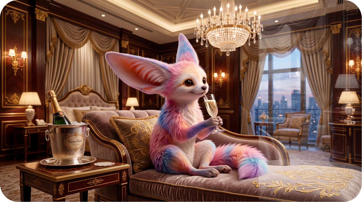 Fennec fox relaxing in an opulent Vegas hotel suite
